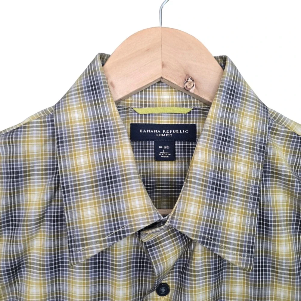 Banana Republic Shirt Mens Large 16-16.5 Yellow Plaid Button Up Slim Fit‎ Casual